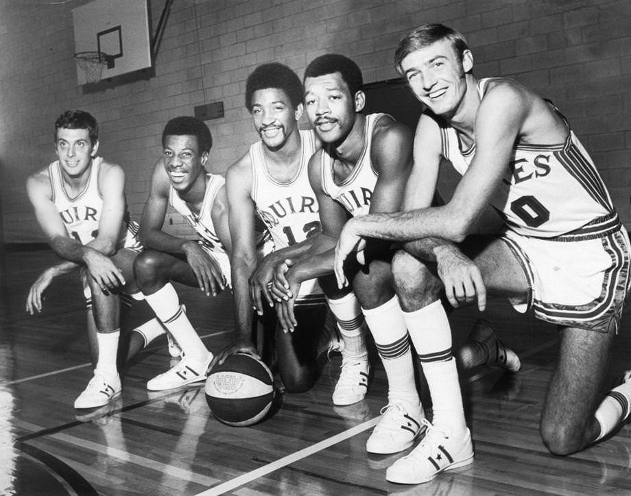 #152 Players who vied for roster spots on the Virginia Squires (from left): Larry Brown, Charlie Scott, Henry Logan, Roland “Fatty” Taylor and Mike Barrett. Brown later won an NBA title as coach of the 2003-04 Detroit Pistons.