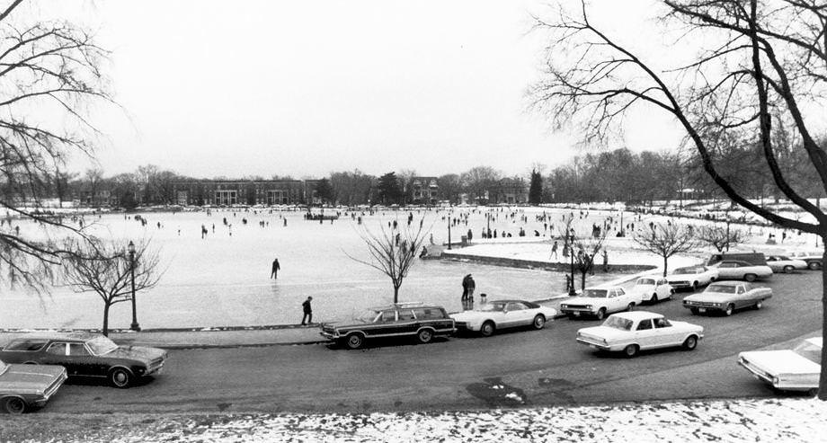 #154 Five straight days of below-freezing temperatures froze the lake at Byrd Park in Richmond and brought out the ice skaters, 1970.