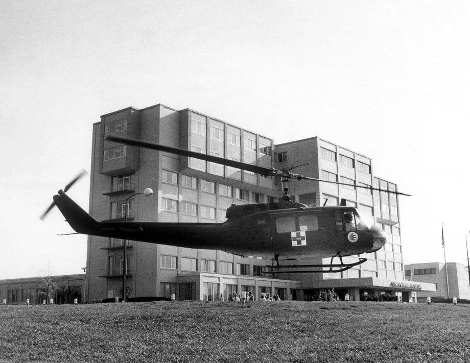 #12 An Army helicopter made a practice landing on the new helipad at Chippenham Hospital in Richmond, 1979.