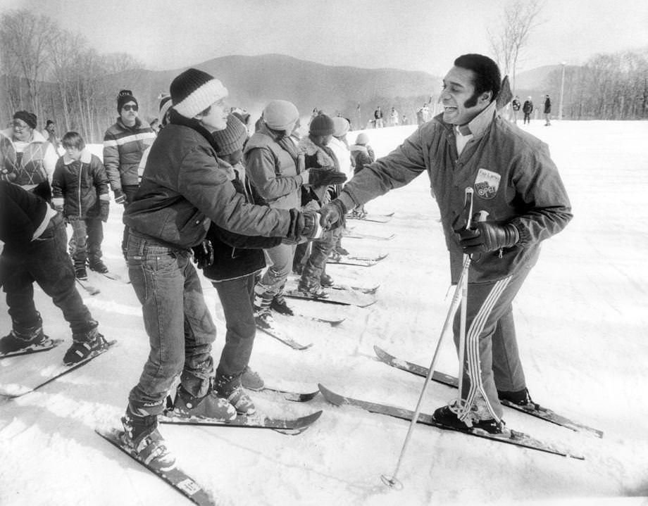 #14 Former Washington Redskins wide receiver Roy Jefferson congratulated participants in the Winter Special Olympics at Wintergreen in Nelson County, 1979