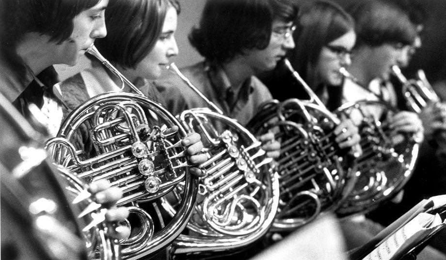 #183 The French horn players of the Richmond Youth Symphony practiced ahead of the first concert of the season, which was scheduled at John Marshall High School, 1970.