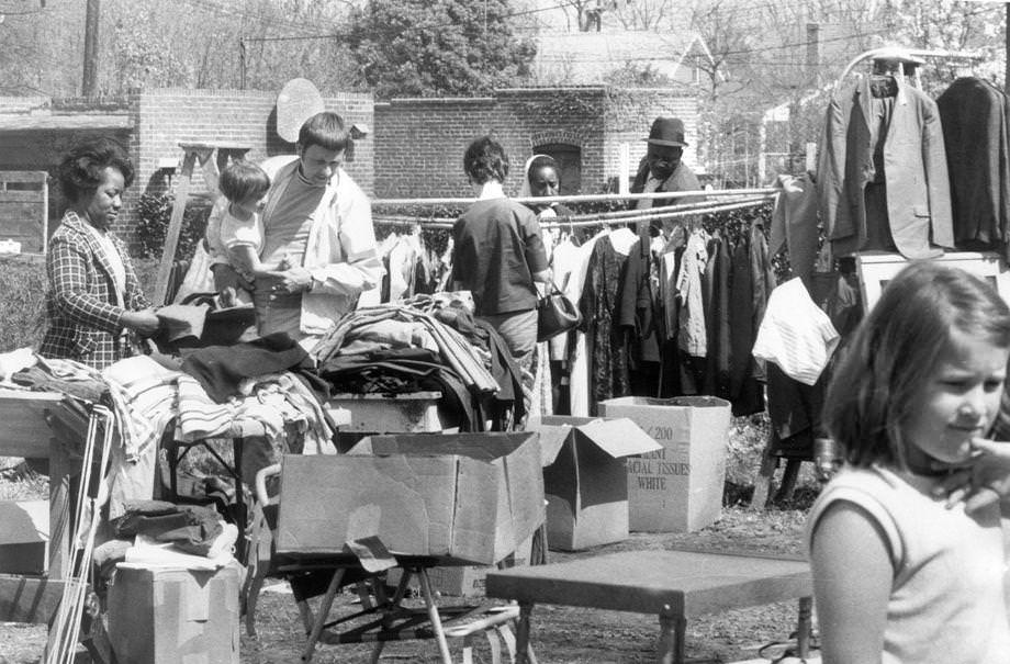 #184 Residents of the Carillon area in Richmond hunted for bargains at a yard sale, 1970.