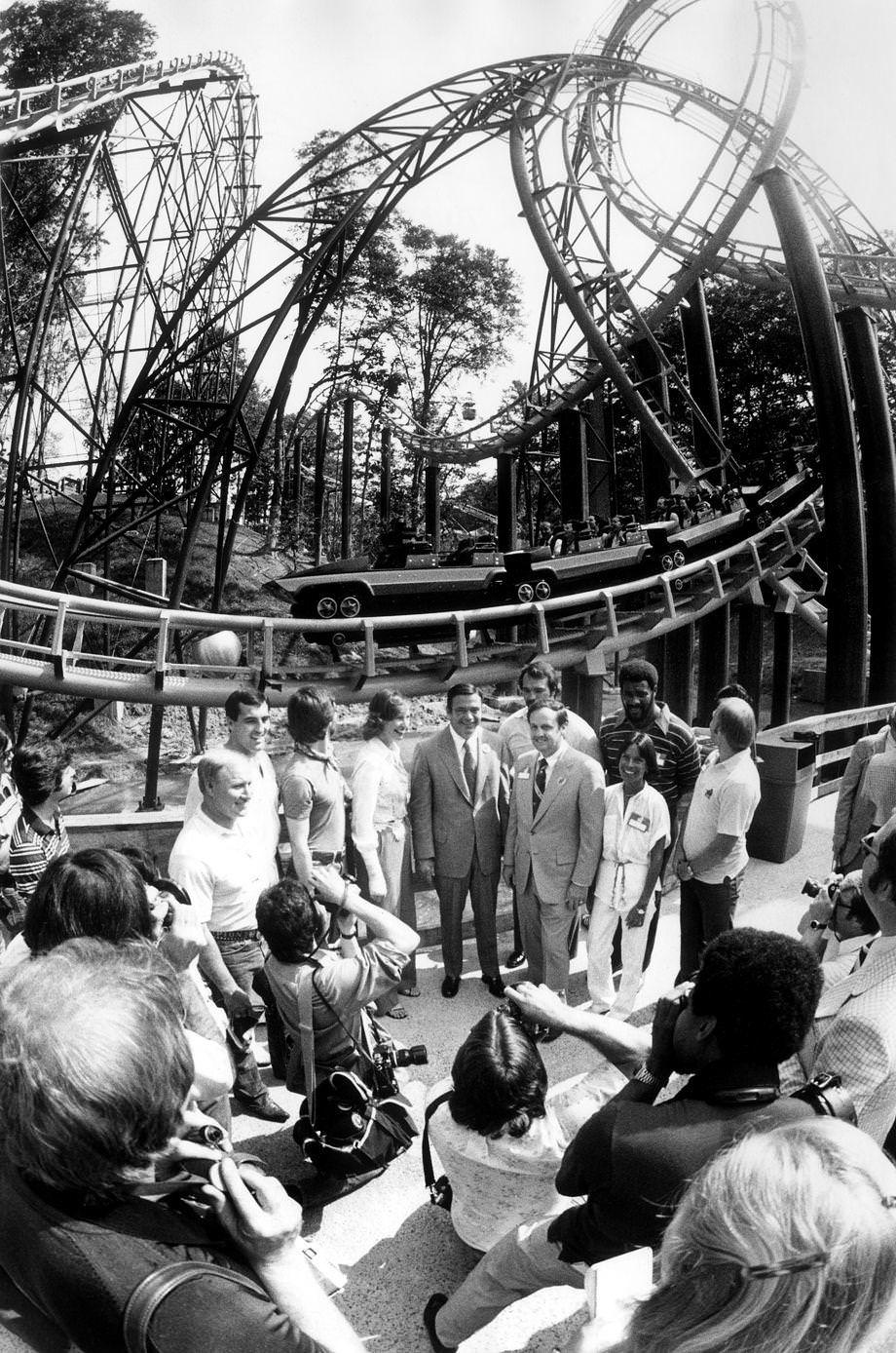 #37 Crowds gathered at the Busch Gardens amusement park near Williamsburg for the grand opening of the Loch Ness Monster roller coaster, which featured quick acceleration, a 13-story drop and a pair of interlocking loops, 1978.