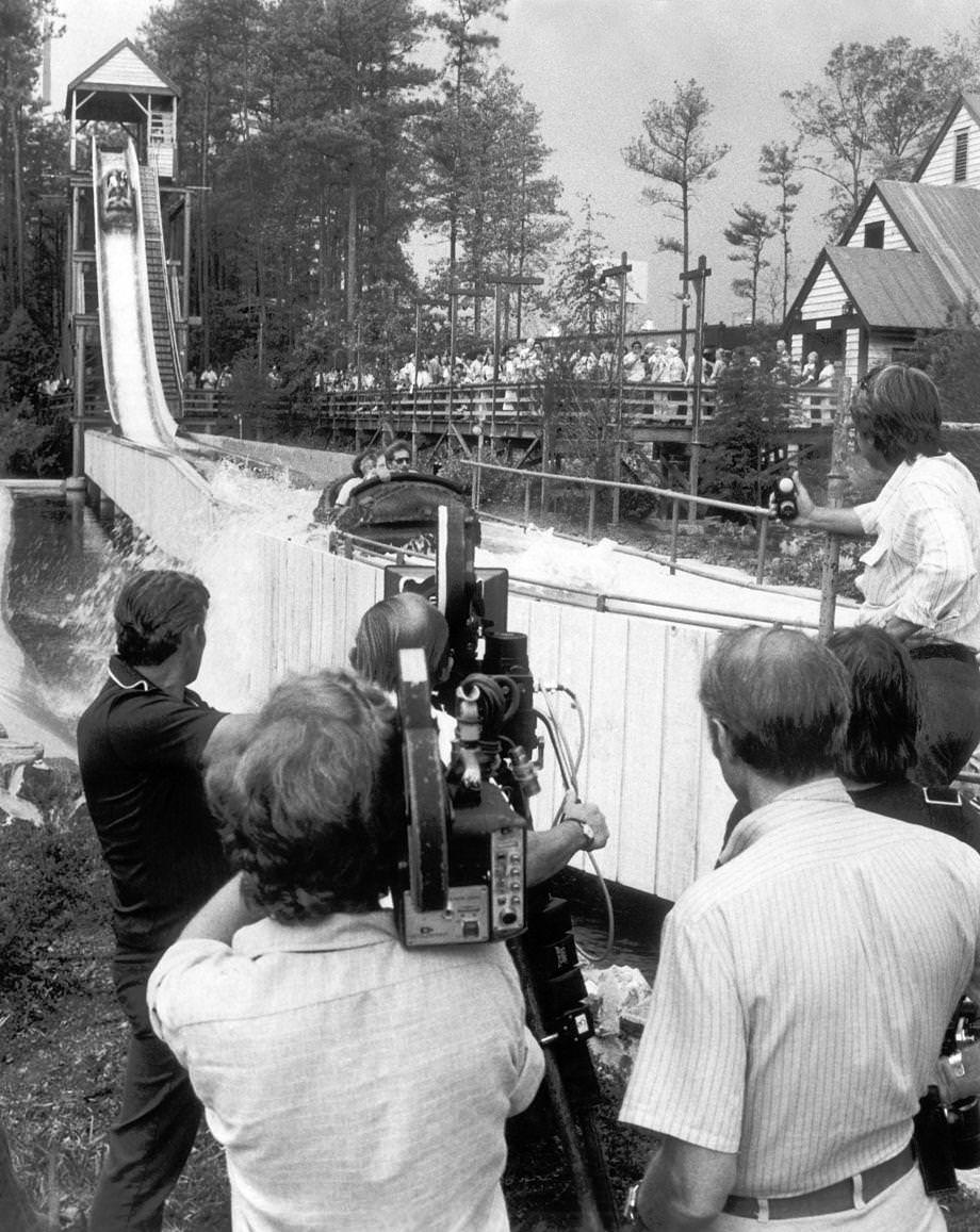 #40 A camera crew set up by the log flume at Kings Dominion in Doswell as filming continued on “Rollercoaster”, 1976.