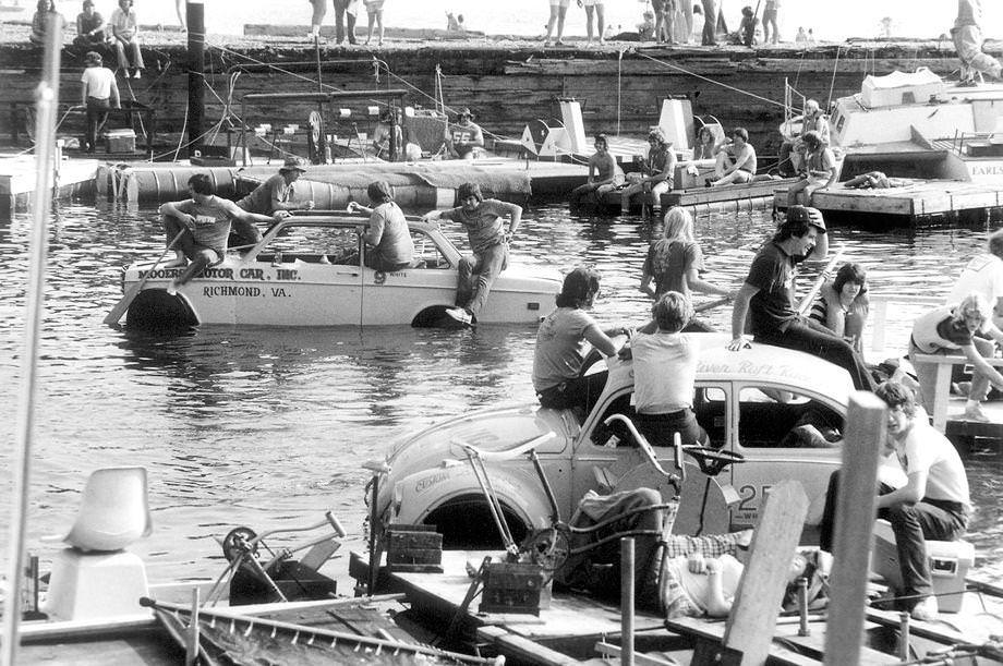 #44 More than 1,000 rafts, kayaks and canoes crowded into the Jordan Point Yacht Haven and Marina in Hopewell for the second annual Great James River Raft Race to benefit multiple sclerosis research and local MS projects, 1976.