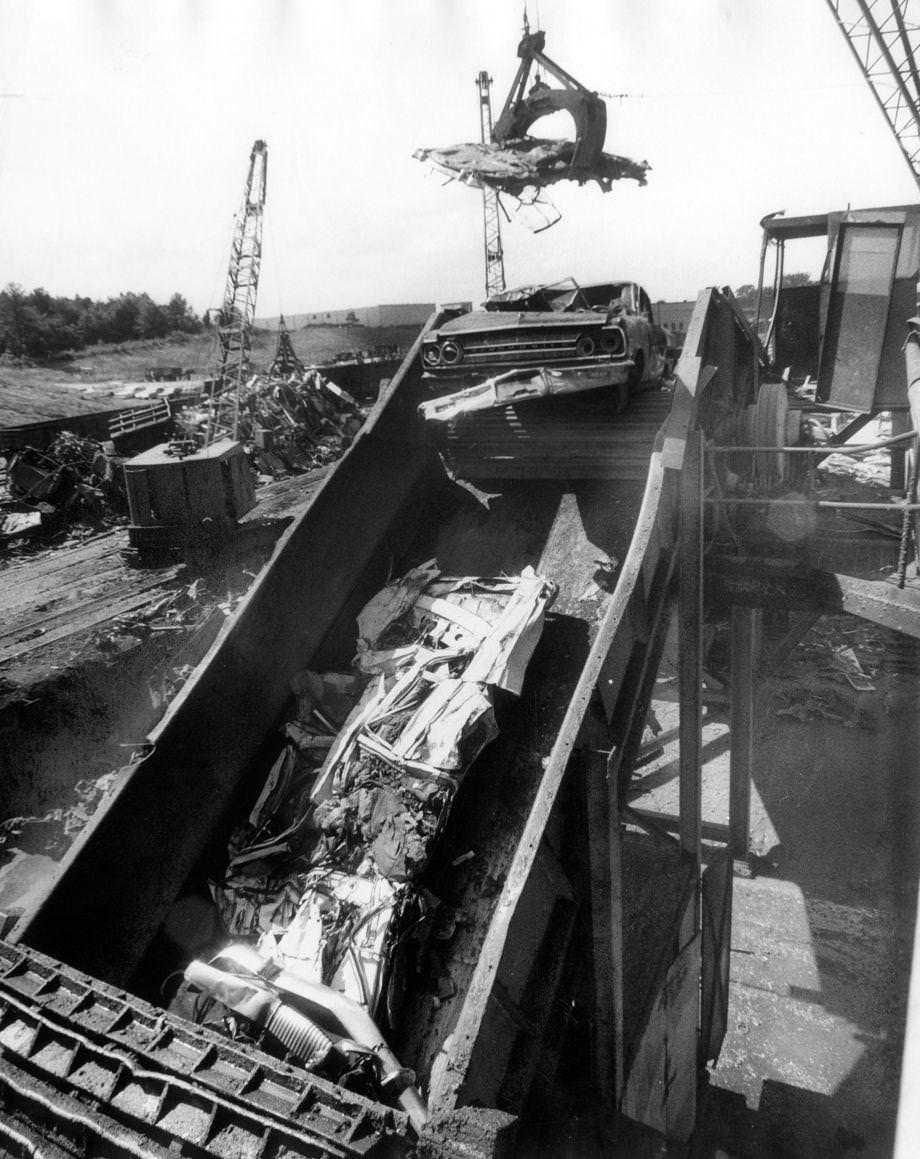 #55 An automobile (minus its tires and gas tank) was fed into a fragmentizer, which could crush the vehicle in less than a minute using an array of hammers weighing nearly 400 pounds each, 1976.