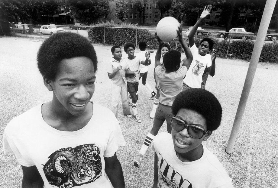 #58 Hugh Jones (right) and David Whitlock volunteered during the summer at the Richmond Boys Club, 1976.