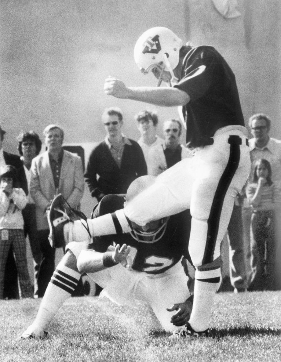 #76 Wayne Latimer kicked a 61-yard field goal that lifted Virginia Tech to a 13-10 victory over Florida State at Lane Stadium in Blacksburg, 1975.
