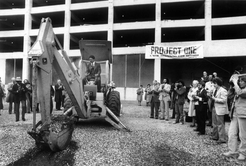 #95 Richmond Mayor Henry L. Marsh III operated a backhoe to kick off Project One, which included the construction of the Greater Richmond Convention Center, 1981