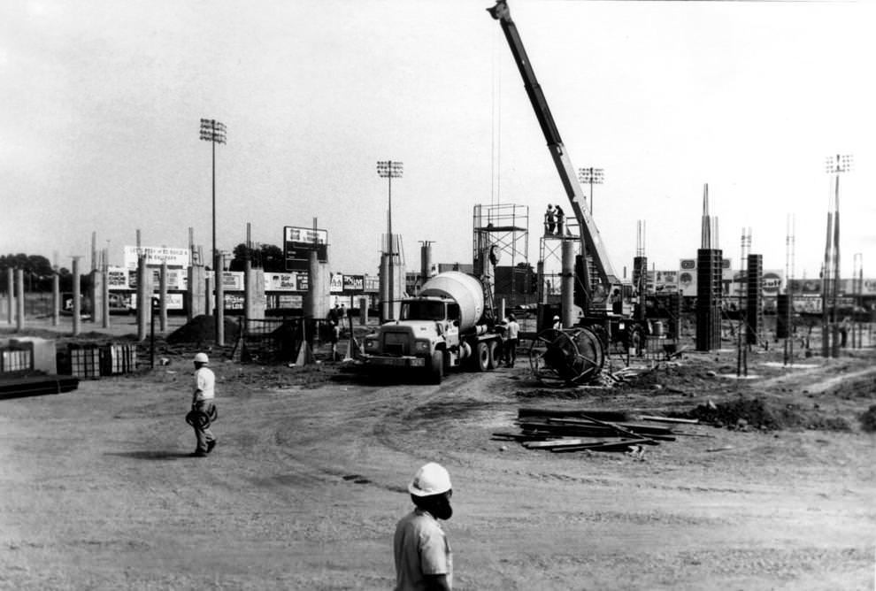 #97 Workers installed columns for the grandstands as construction progressed quickly on the Diamond, which was replacing Parker Field as Richmond’s minor-league baseball stadium, 1984
