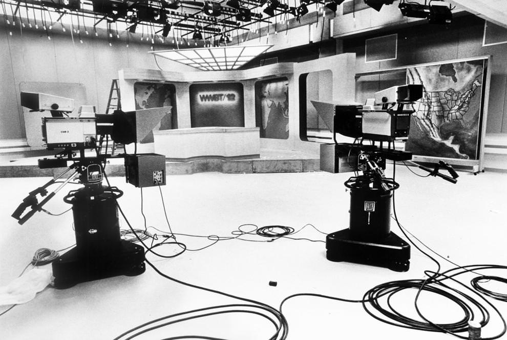 #99 A television news set allowed media students at Virginia Commonwealth University to use a realistic backdrop for their studies, 1988.