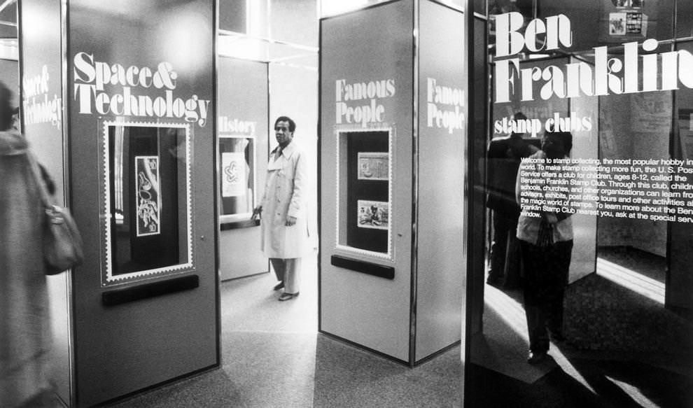 #101 Patrons toured an exhibit on stamps at Richmond’s main post office at 1801 Brook Road, 1980