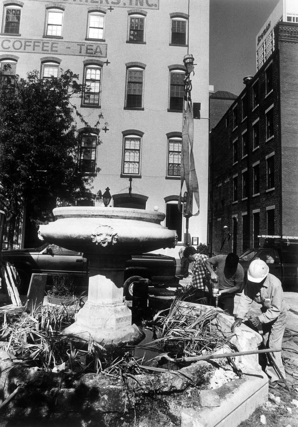 #103 Workers dismantled the Morgan Fountain in Richmond’s Shockoe Slip in preparation for its rebuilding, 1989