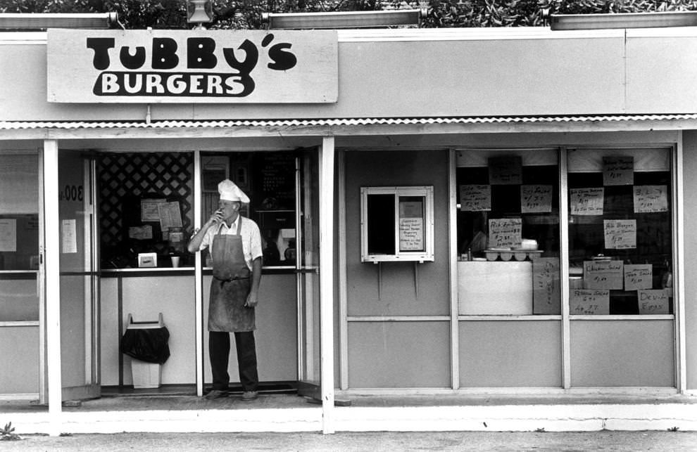 #108 Buck Fuller awaited the lunchtime crowd at Tubby’s Burgers in Sandston, 1988