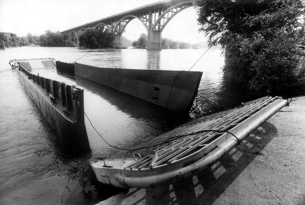 #110 A refurbished Navy landing craft, which sunk earlier that month, was afloat again in the James River in Richmond, 1981
