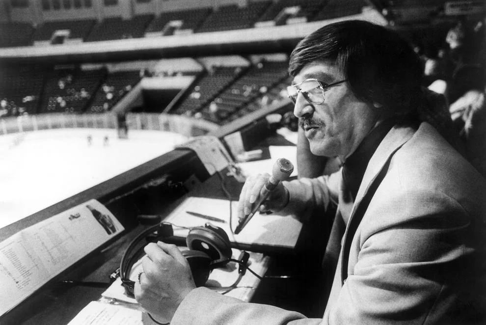 #111 Dick Harman – shown preparing for his role as broadcaster for a hockey game in Richmond – was about to begin a call-in sports talk show on WLEE radio, 1981.