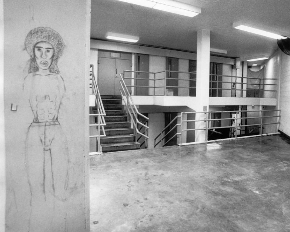 #22 Part of death row, including haunting artwork, at the Mecklenburg Correctional Center, Richmond, 1984.
