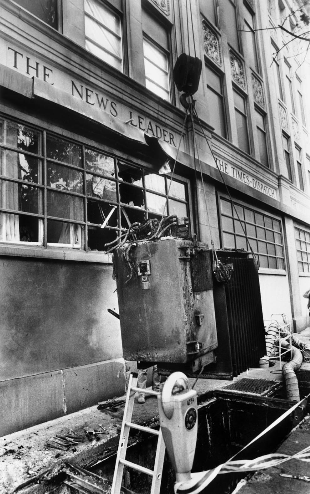 #35 A transformer exploded under the sidewalk on the Fourth Street side of the Richmond Newspapers Inc. building downtown, 1989.