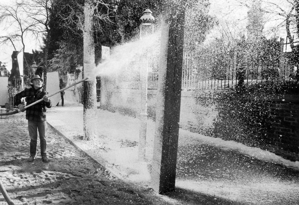 #43 Special effects engineer Dick Johnson sprayed fake snow around St. John’s Episcopal Church on Church Hill in Richmond, 1985