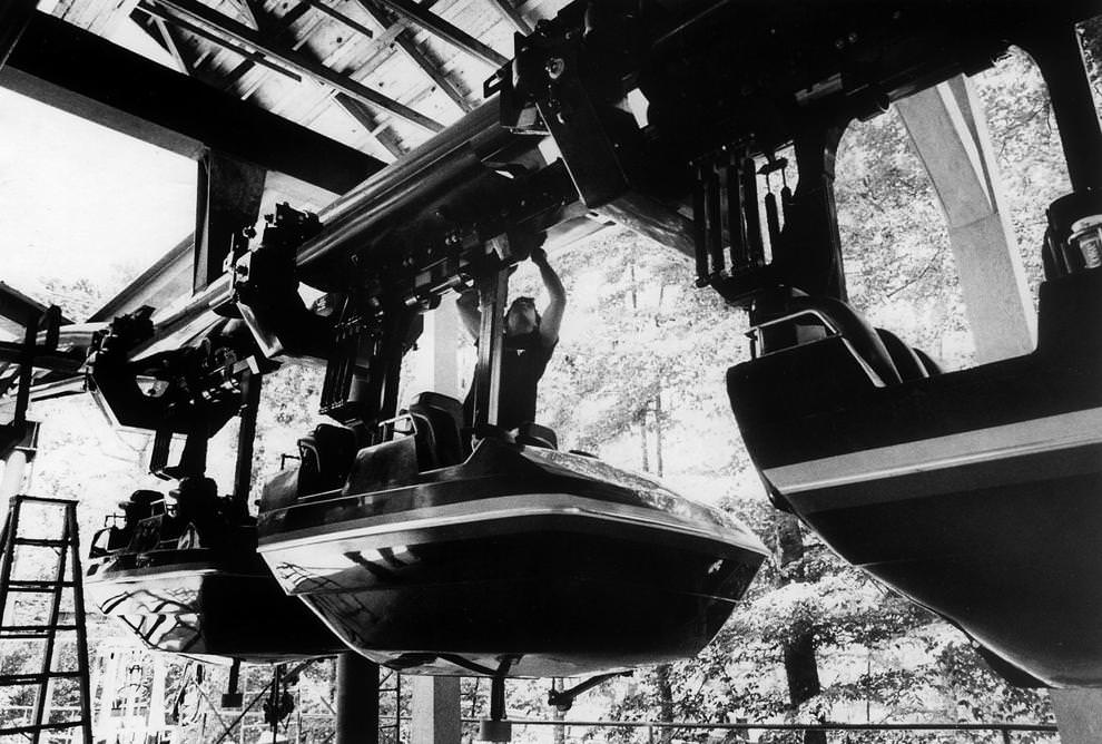 #13 Engineer Charlie Dean inspected the new Big Bad Wolf roller coaster at Busch Gardens near Williamsburg, Richmond, 1984.