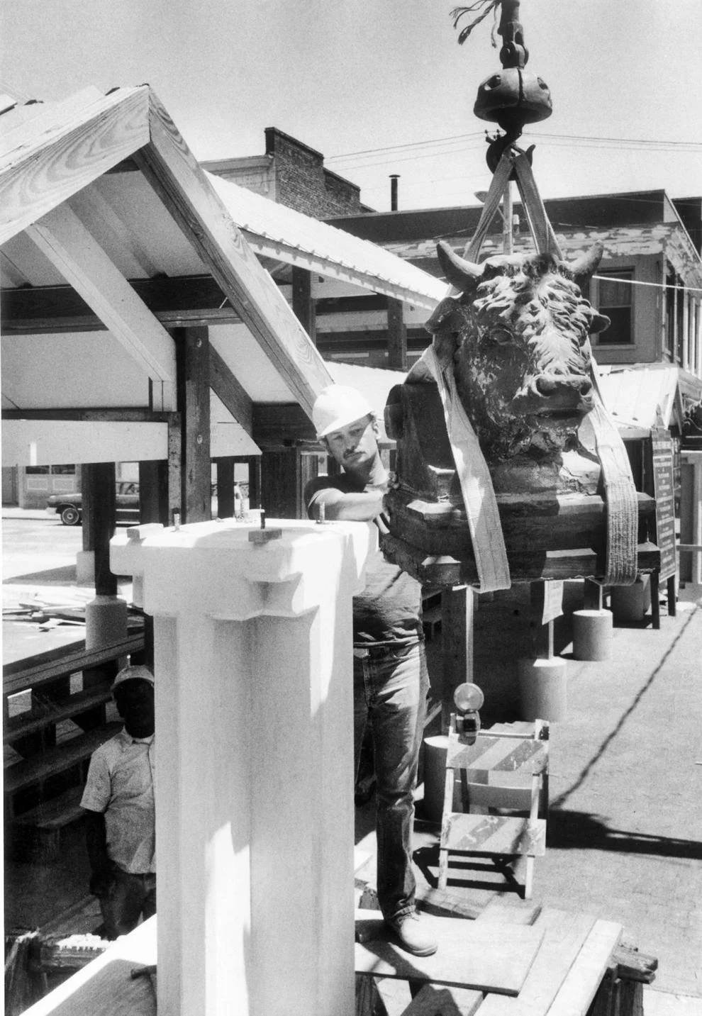 #3 One of two surviving antique terra cotta bull’s heads was prepared for mounting by Ron Kingery at the 17th Street Farmers’ Market in Richmond, 1986