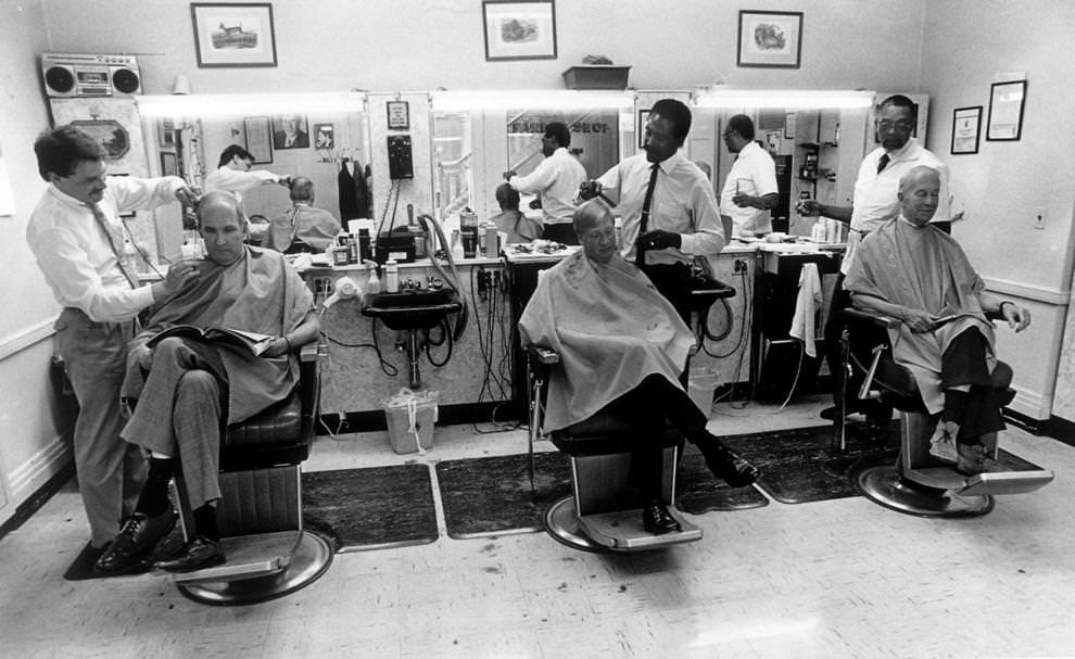 #53 Barbers were busy at Belcher’s Barber Shop in the Mutual Building at Ninth and Main streets in downtown Richmond, 1988