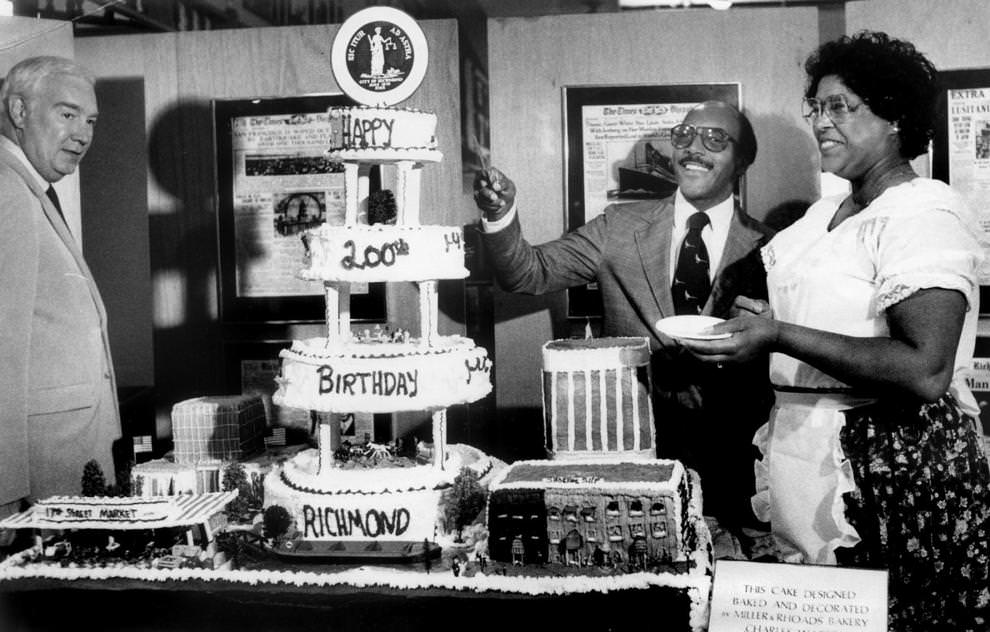 #56 Mayor Roy A. West cut into a cake celebrating the 200th anniversary of Richmond’s incorporation as a town, 1982.