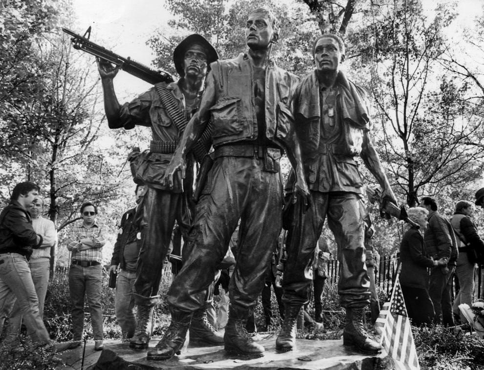 #69 The bronze statue known as “The Three Soldiers” (or “The Three Servicemen”) was unveiled in Washington as more traditional complement to the Vietnam Veterans Memorial, 1984