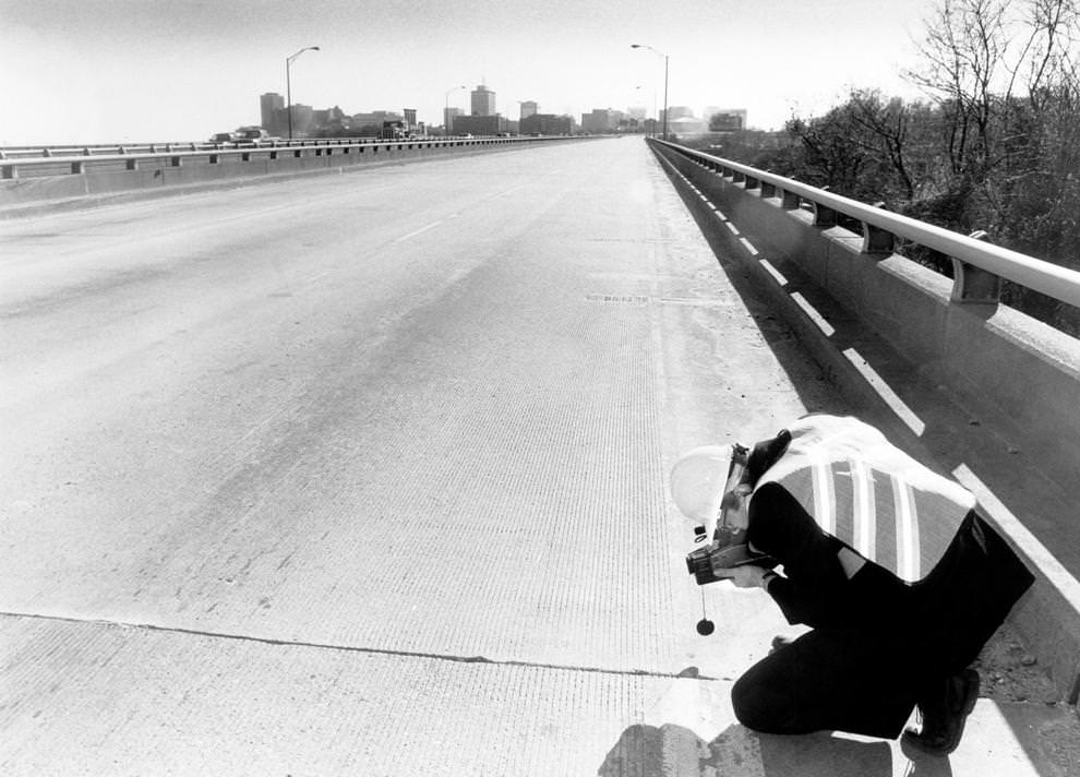 #22 Andy Farmer, an information officer with the Virginia Department of Transportation, captured video of a crack on the westbound Interstate 64 bridge over Shockoe Valley leading into downtown Richmond, 1990