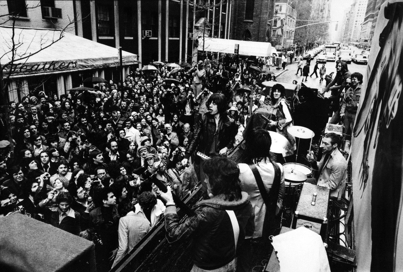 The Rolling Stones announce the ‘Tour of the Americas ’75’ on a flatbed truck on 5th Avenue, New York, May 1975.