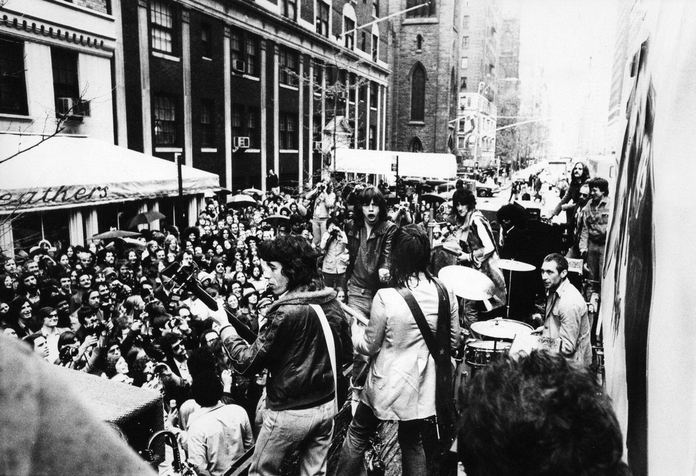 The Rolling Stones announce the ‘Tour of the Americas ’75’ on a flatbed truck on 5th Avenue, New York, May 1975.