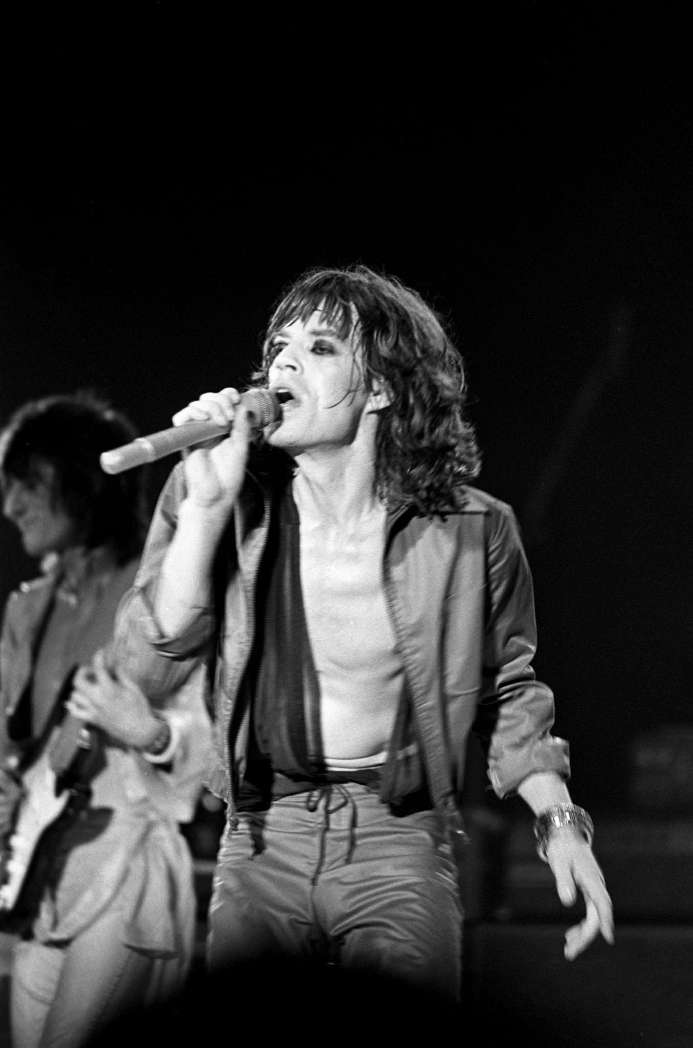 Mick Jagger performs with Ronnie Wood at Madison Square Garden during the band’s “Tour of America ’75” on June 25, 1975, in New York, New York.