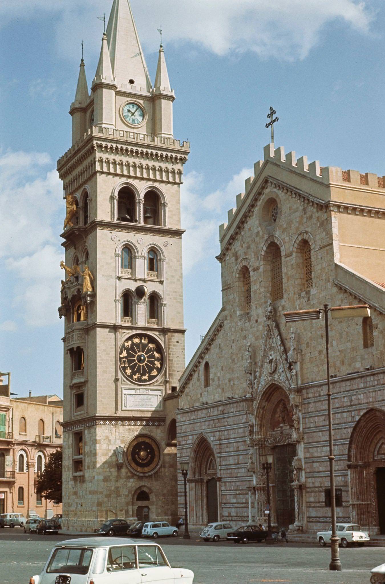 #61 Messina Cathedral and parked cars on Piazza del Duomo in Messina, Sicily, circa 1970.