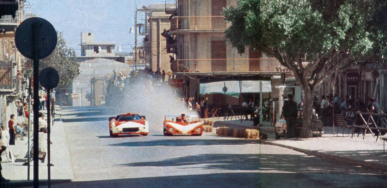#72 Racing cars at the Cerda road circuit during the 1974 Targa Florio race.