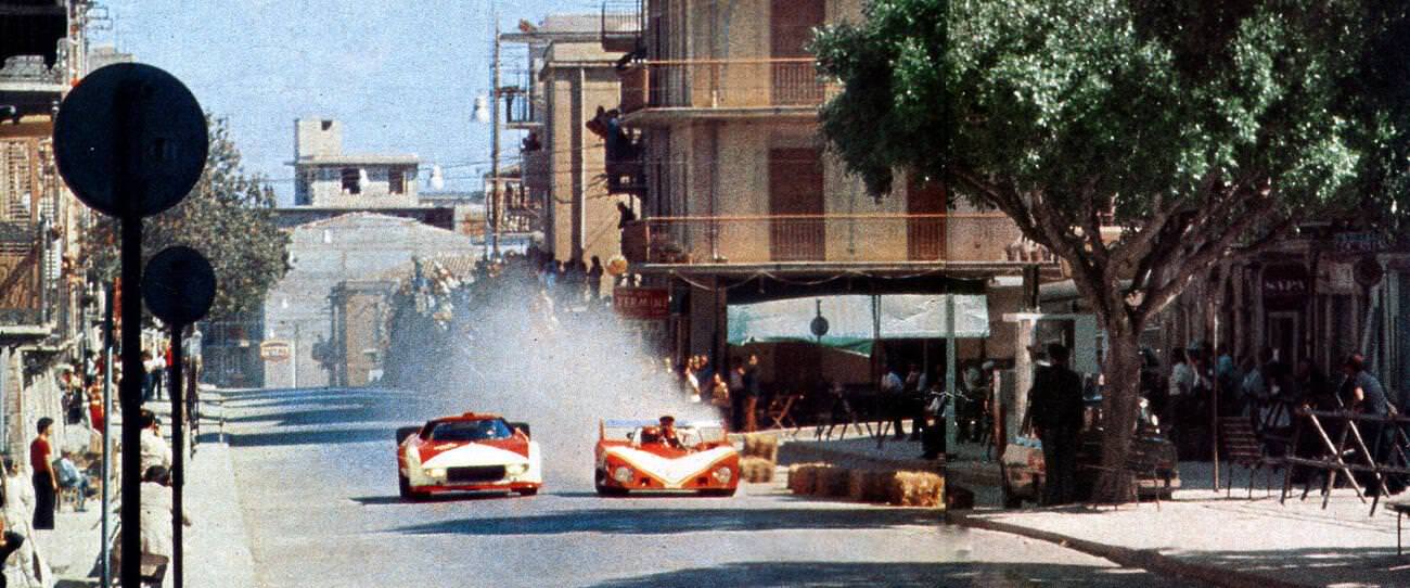 #77 Racing cars at the Cerda road circuit during the 1974 Targa Florio race.