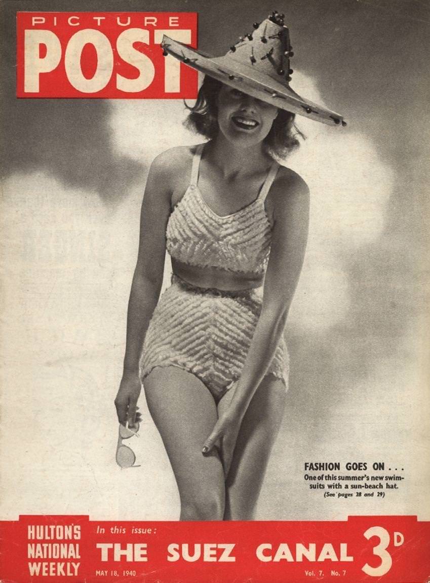 #15 Model wearing a fringed toweling bikini with a beaded sunhat, 1940.