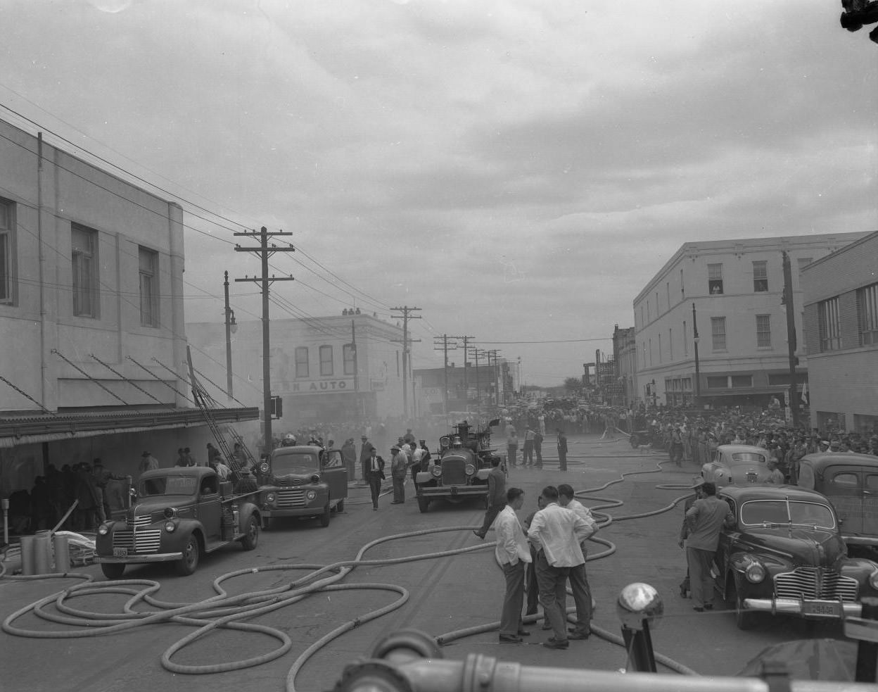 #30 Fire Trucks in Front of Smoking T.H. Williams & Co. Building, 1950.