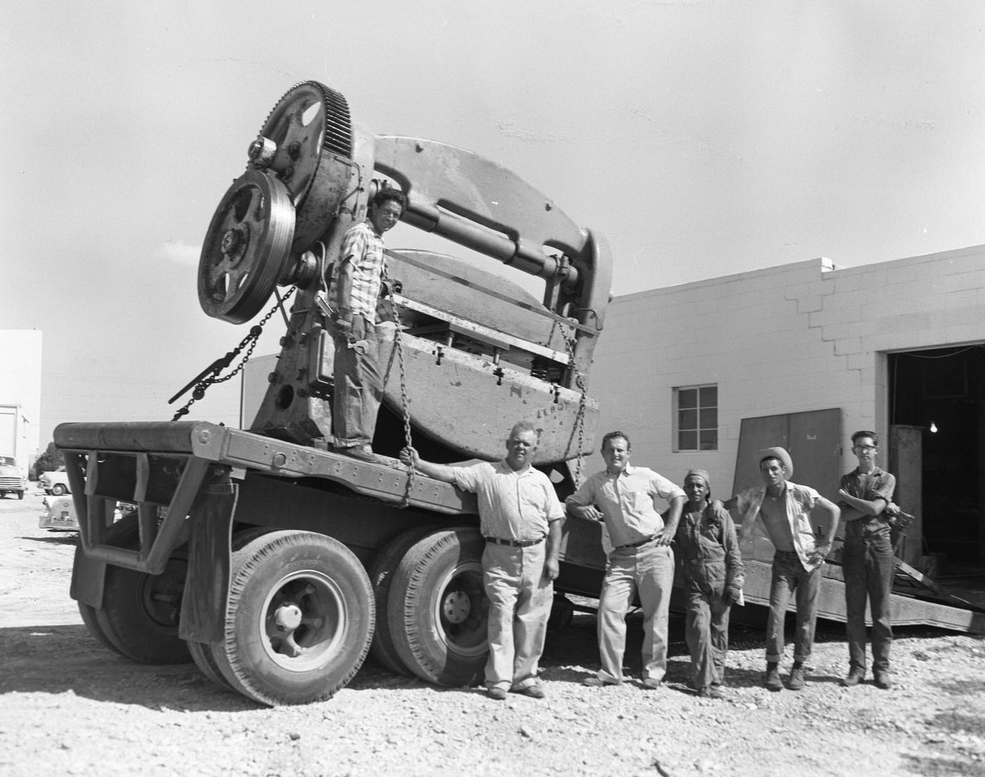 #93 Rhodes Truck Lines Employees with Large Trailer, 1958.