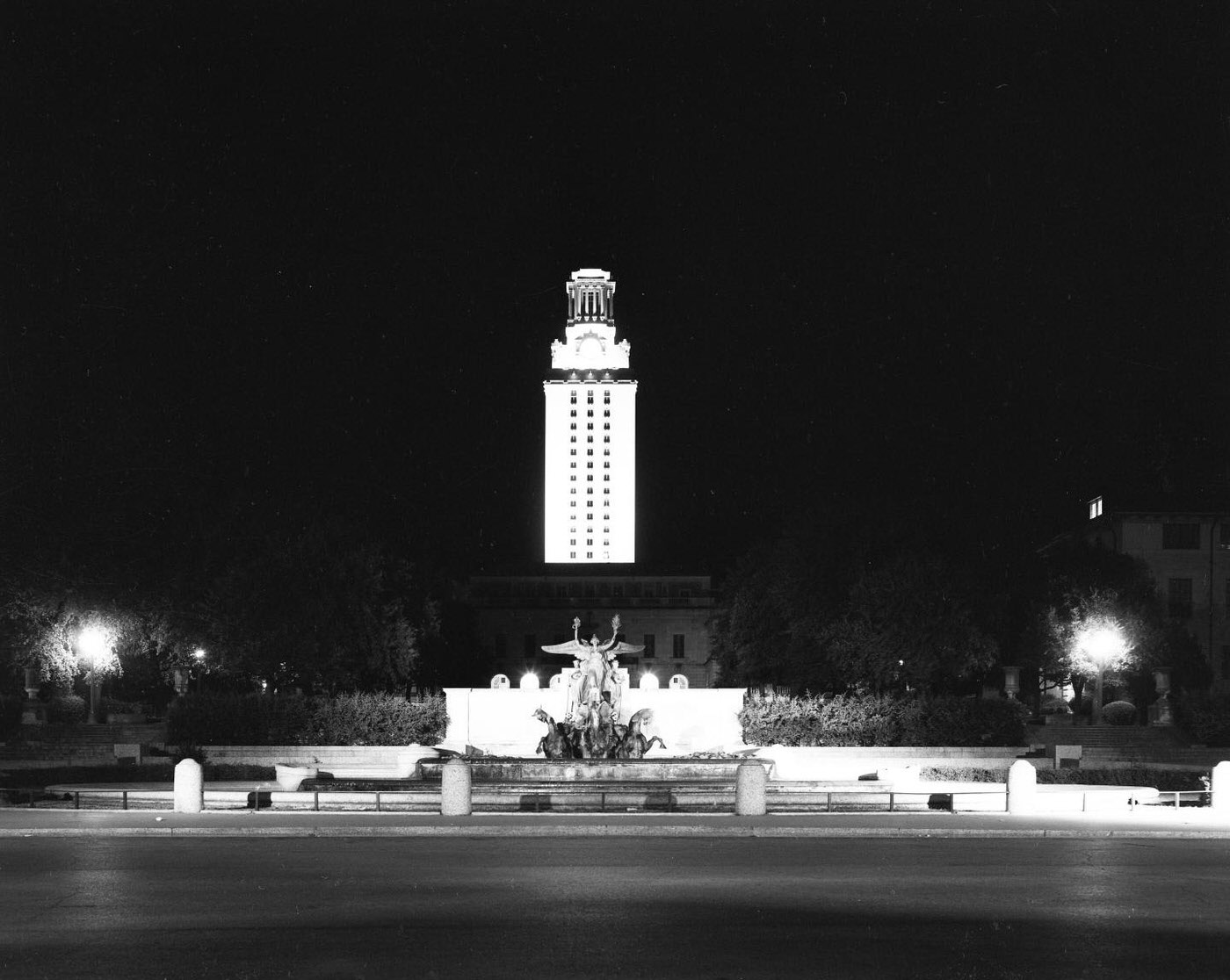 #222 Night View of Lit UT Austin Tower on 21st Street, 1957.