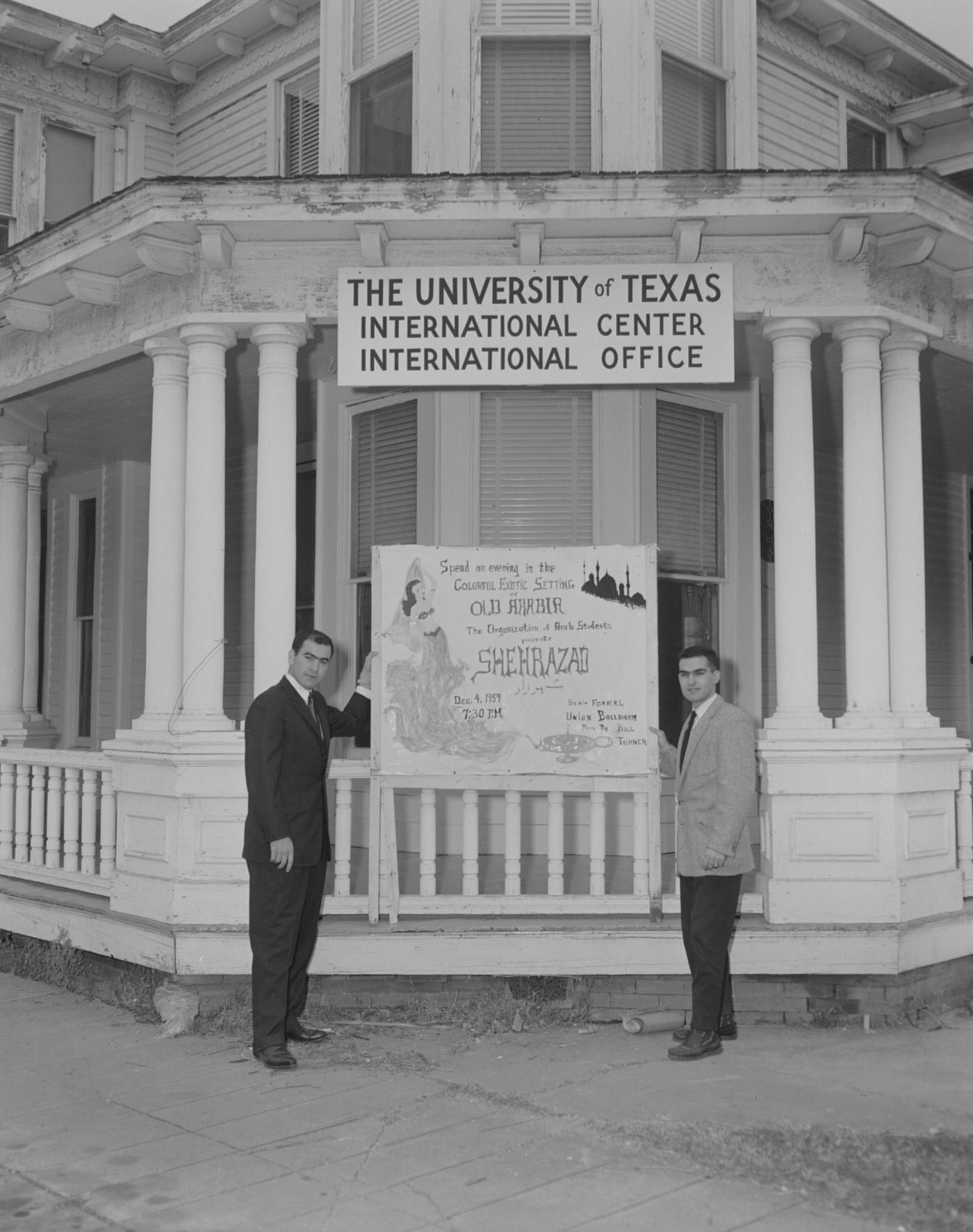 #126 Men Holding Arab Students Dance Poster at UT International Center, 1959.
