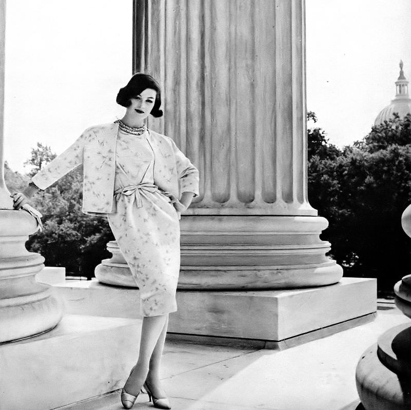#28 Betsy Pickering in imported silk brocade sheath and jacket by Mollie Parnis, 1959
