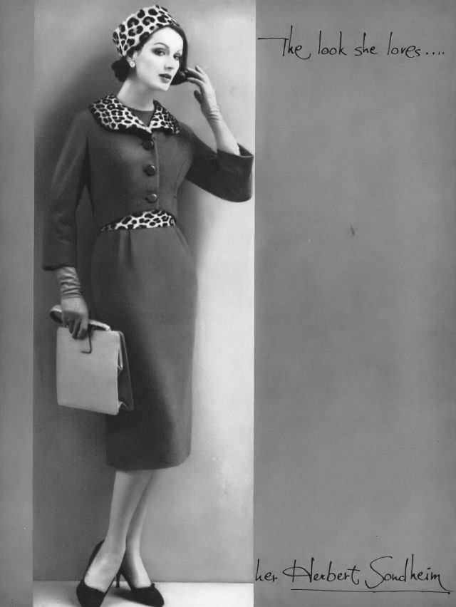 #39 Betsy Pickering in suit with leopard accents by Herbert Sondheim, 1959