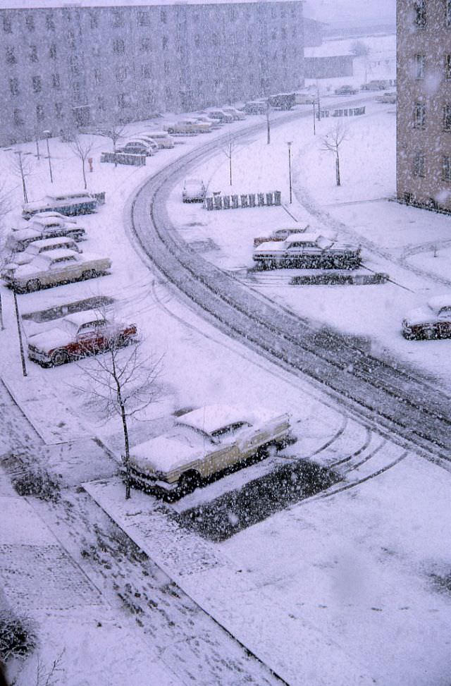 #145 Cars covered in snow, most likely near a US Army base in Germany, 1968