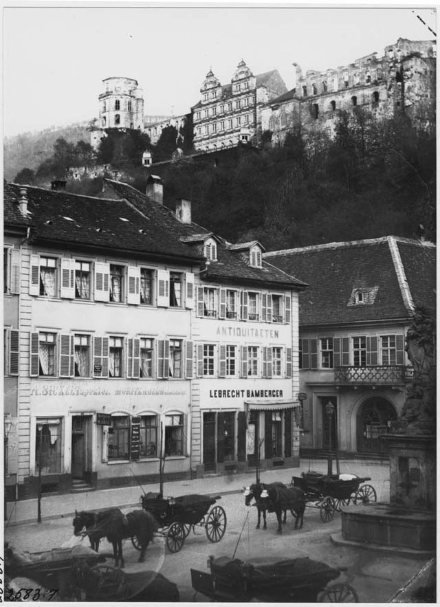 #12 Kornmarkt, Heidelberg, horse carriages, 1881.