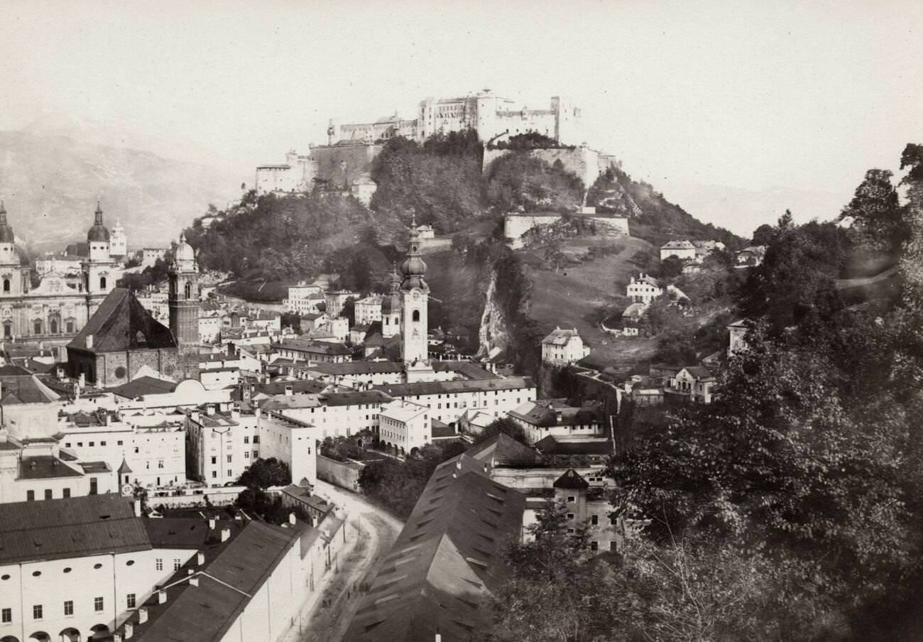 #121 Salzburg, Austrian city on the German border, views of Alps, Salzach River divides Old and New City.