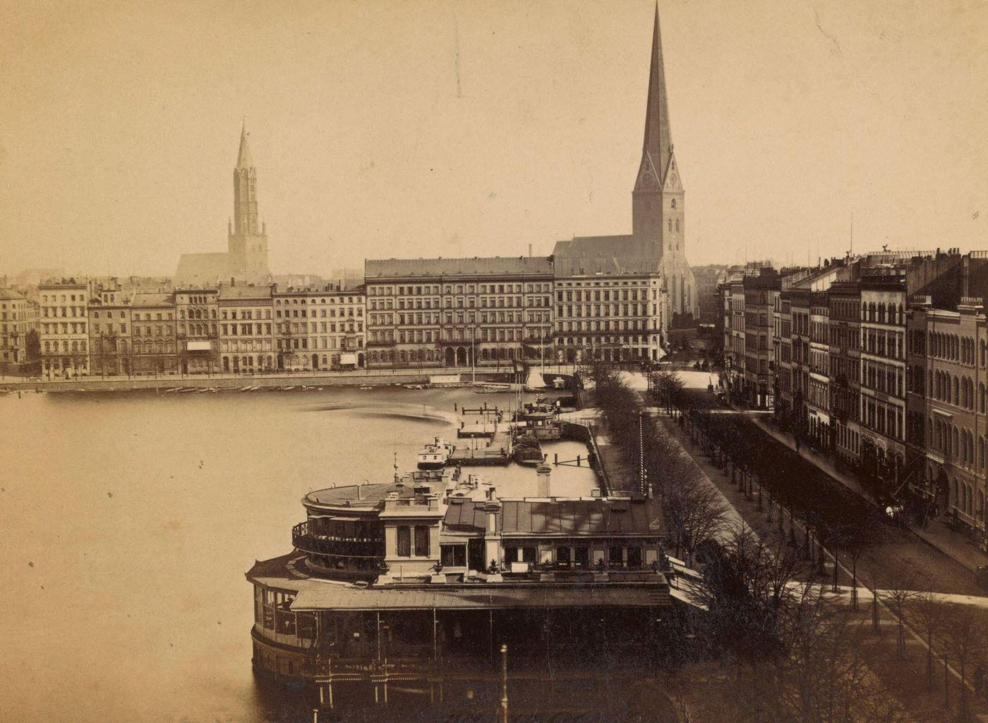 #76 Jungfernstieg and Alsterdamm, Hamburg, St. Petri Church, 1885.