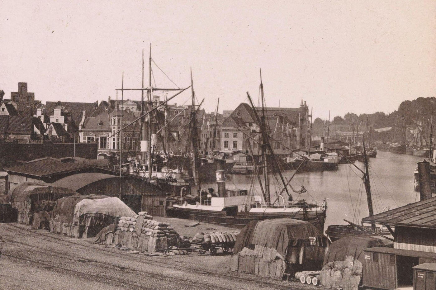 #39 View of the harbor of Lubeck, 1890.