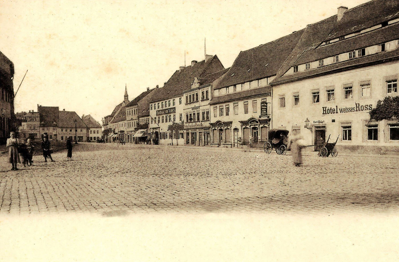 #77 Altmarkt, Oschatz, Horse-drawn carriages, Hotels, Shops in Saxony, Germany, 1898.