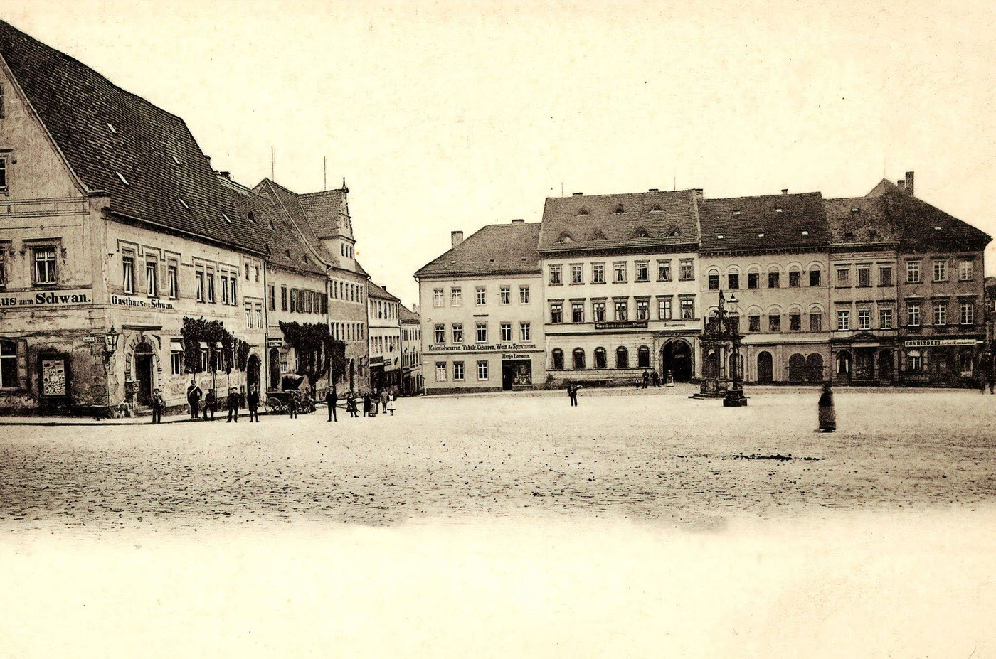 #78 Neumarkt, Oschatz, Buildings, Restaurants, Shops in Saxony, Germany, 1898.