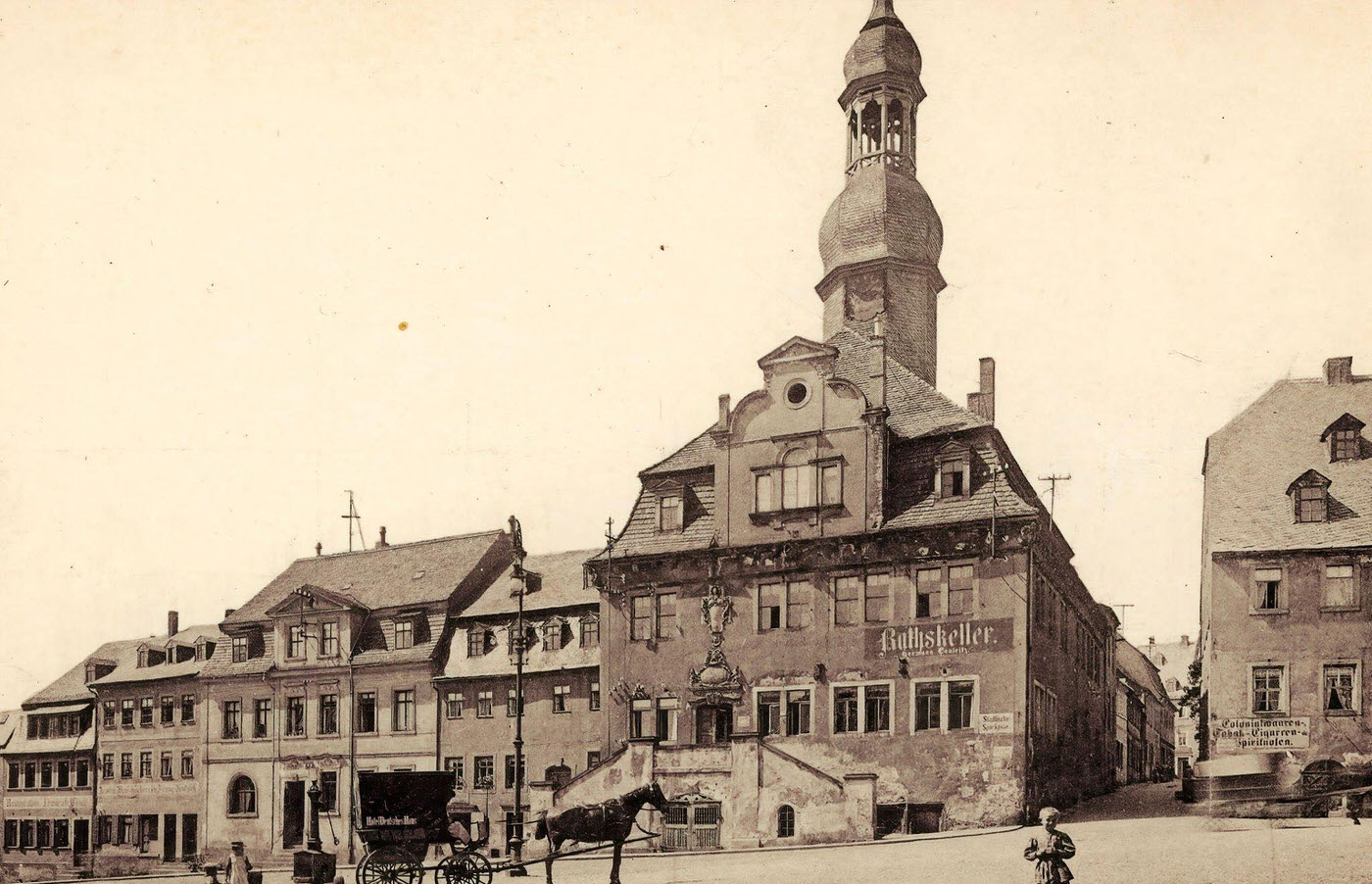 #78 Horse-drawn carriages in Germany, Horses of Saxony, Markt in Waldenburg, 1900s, Germany.